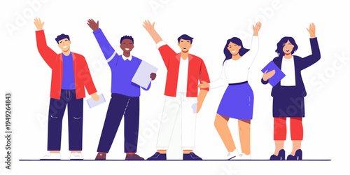 Diverse group of people celebrating with arms raised in joy