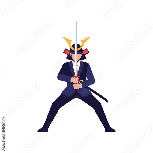 Businessman Samurai Warrior Holding Katana Sword, Business Strategy Concept
