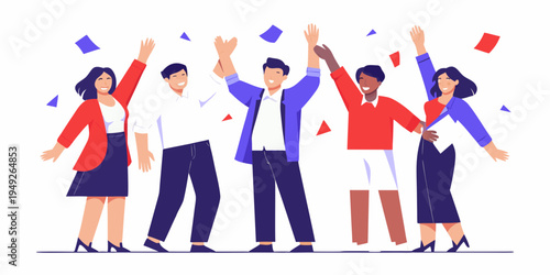 Celebrating team members joyfully raise hands with confetti falling around them