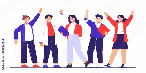 A diverse group of people celebrating success with arms raised high