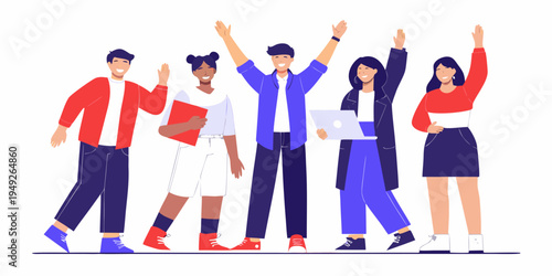 Diverse group of young professionals celebrating success together with arms raised