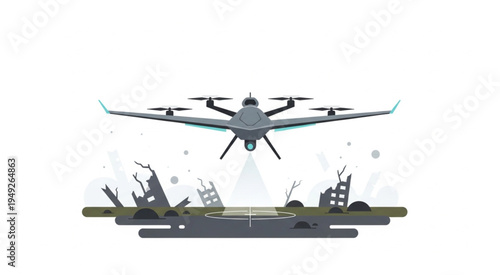 Drone Surveillance Over Ruined Landscape - Modern Warfare and Technological Advancement.