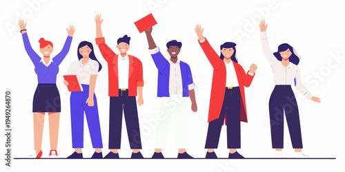 Diverse group of people celebrating success with arms raised in unity