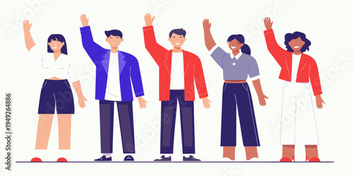 Diverse group of people raising hands in a celebratory gesture