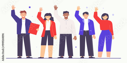 Diverse group of people raising hands in a celebratory moment