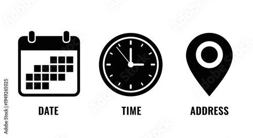 Set of Icons Representing Date, Time, and Address for Event Planning and Information
