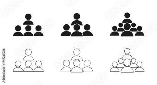 Set of Minimalist People Icons Representing Teamwork and Organization in Solid and Outline Styles