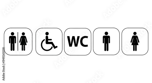 Set of Restroom Signs with WC, Male, Female, and Disabled Icons