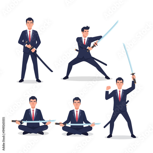 Businessman with katana swords in various action poses