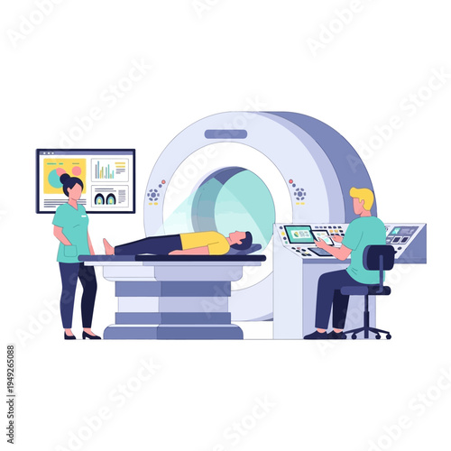 Medical Scan: Patient undergoing MRI or CT scan with technicians monitoring.