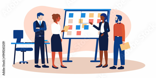 Business team collaborating around a whiteboard with sticky notes