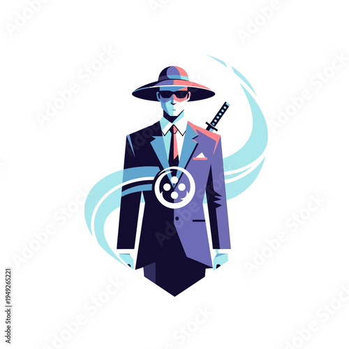 Mysterious Agent in Suit with Samurai Sword and Hat - Vector Art