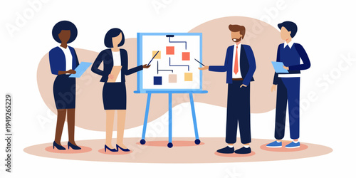 Business team collaborating on a strategy plan using a whiteboard