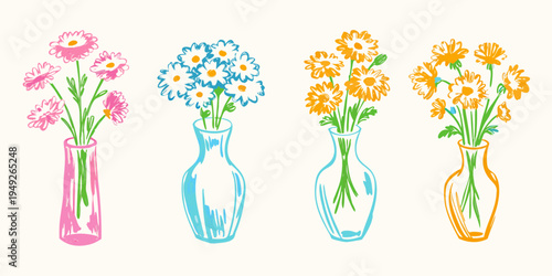 Colorful bouquets of daisies arranged in slender glass vases
