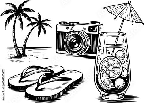 Black and white of tropical beach vacation including palm trees camera flip flops and cocktail
