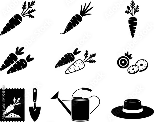 Black and white of carrots gardening tools and hat white background vegetable food