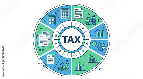 A colorful infographic illustrating various aspects of tax and finance with icons and graphics arranged in a circular pattern isolated on transparent background