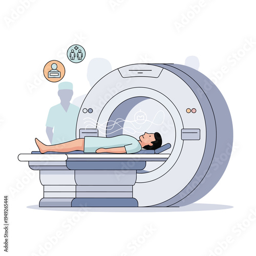 Patient undergoing MRI scan in a modern medical diagnostic machine with doctor in background