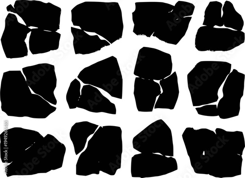 Black Cracked Stone Shapes Isolated White Background Abstract Texture rock broken