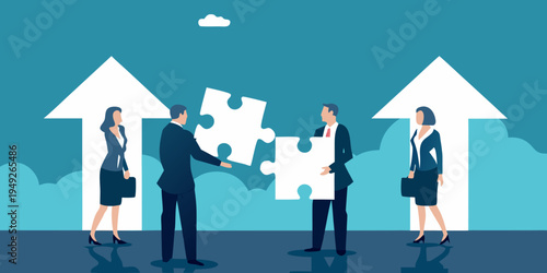 Business professionals connecting puzzle pieces symbolizing partnership and growth