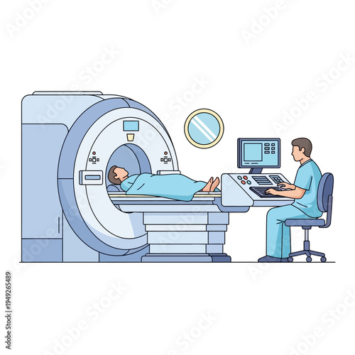 Patient undergoing MRI scan in a modern medical diagnostic machine with technician