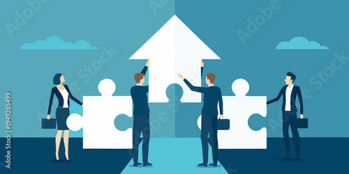 Teamwork and collaboration concept with people fitting puzzle pieces together