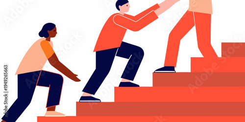 Two people helping each other climb a set of orange stairs