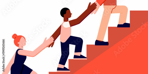 People assisting each other up a flight of red stairs