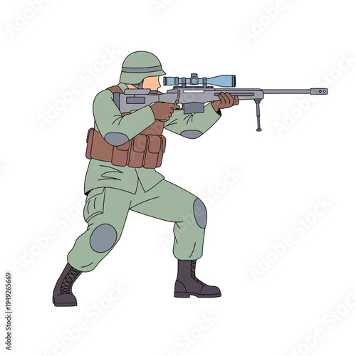Soldier aiming sniper rifle with scope, military combat, action pose, strategic warfare