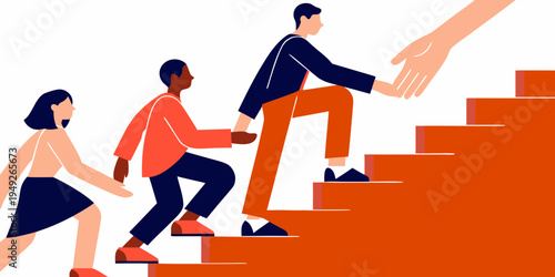 A helping hand extends to assist people climbing a set of stairs