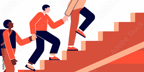 People collaborating and ascending stairs symbolizing growth and teamwork