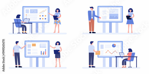 Business professionals collaborating and presenting data during meetings