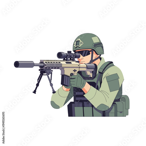 Soldier aiming sniper rifle with scope and silencer, military action, tactical gear