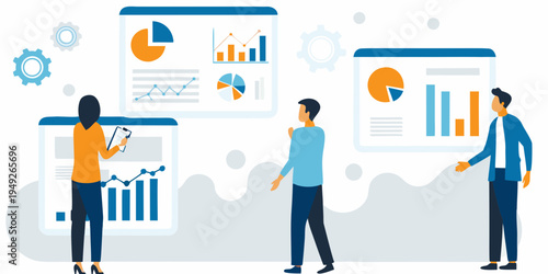 Team analyzing data and charts on multiple digital displays