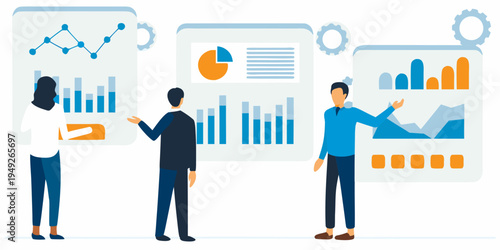 Team analyzes data visualizations and charts on multiple digital displays