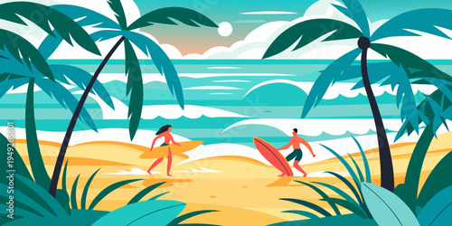 Surfers walking on a sandy beach with palm trees and ocean waves