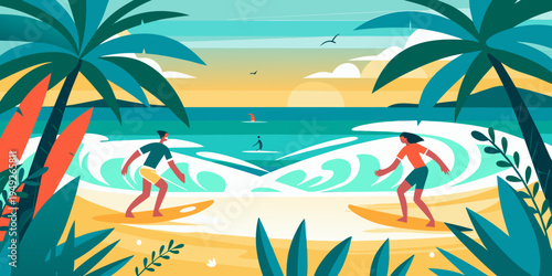 Surfers enjoying waves beneath palm trees on a tropical beach