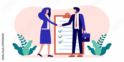 Business partners completing a deal with a firm handshake and checklist