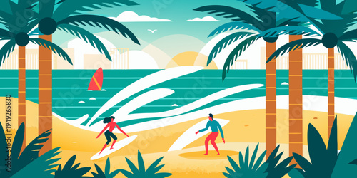 Tropical beach scene with surfers palm trees and a vibrant sunset