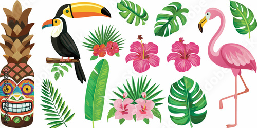 Tropical birds flowers and tiki mask in a vibrant illustration