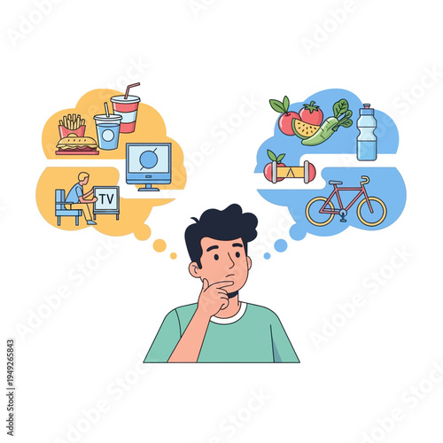 Man choosing between healthy lifestyle and unhealthy habits, decision making concept