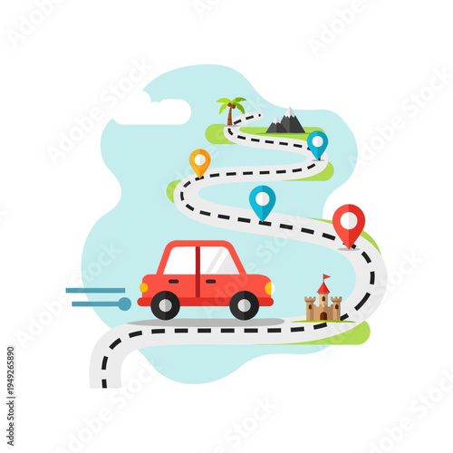 Red car driving on a winding road with location pins.