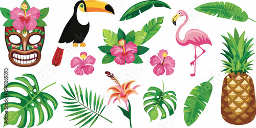 Tropical illustration featuring a toucan flamingo tiki mask and lush foliage