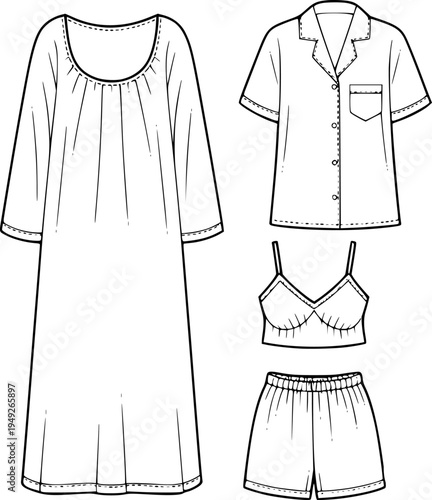 Fashion of women's sleepwear set and nightgown with technical details clothing apparel