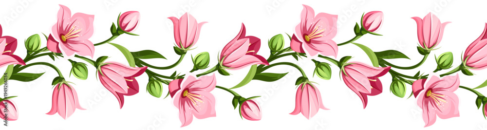 Obraz premium Horizontal seamless border with pink harebell flowers. Vector floral garland