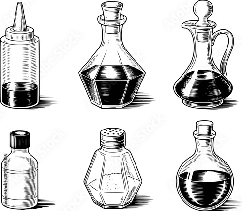 Vintage style glass bottles and shakers for condiments and liquids