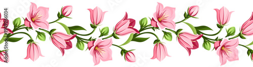 Horizontal seamless border with pink harebell flowers. Vector floral garland