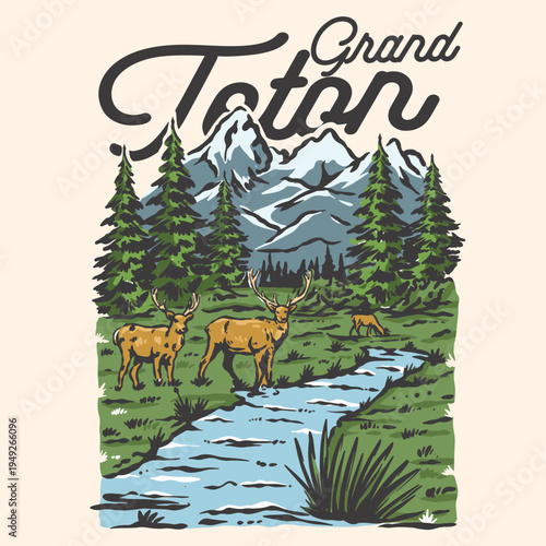 Grand Teton National Park Vintage Illustration