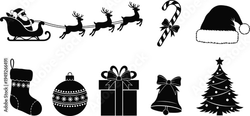 Black Christmas silhouette collection featuring Santa Claus in sleigh with reindeer, festive ornaments, gift box, stocking, candy cane, bell, and decorated pine tree icons.