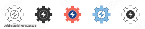 Collection of dynamic power and energy management icon variations, depicting a lightning bolt within a gear symbol, representing optimization and configuration